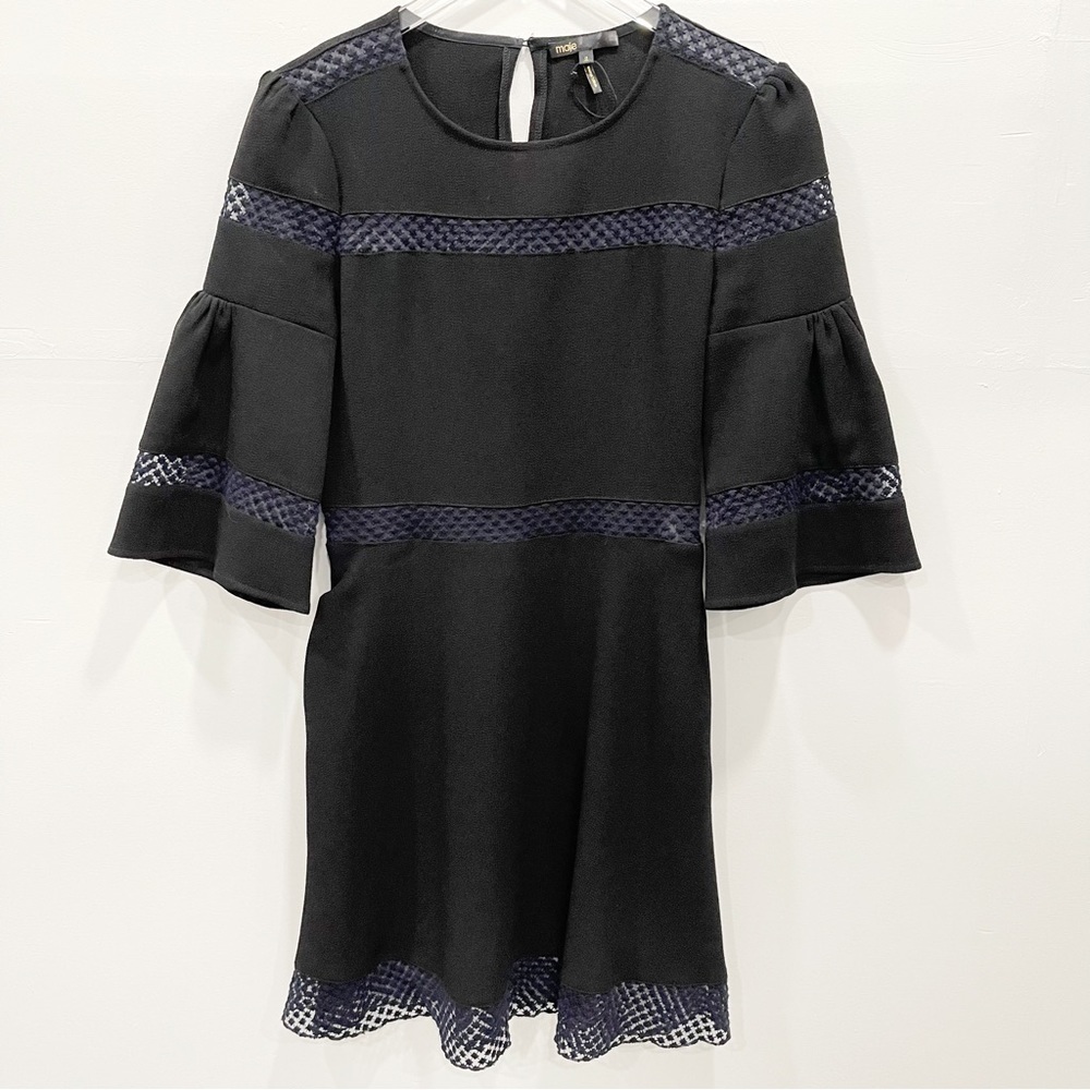 Maje Bell Sleeve Perforated Trim Black Fit & Flare Mini Dress Size 2